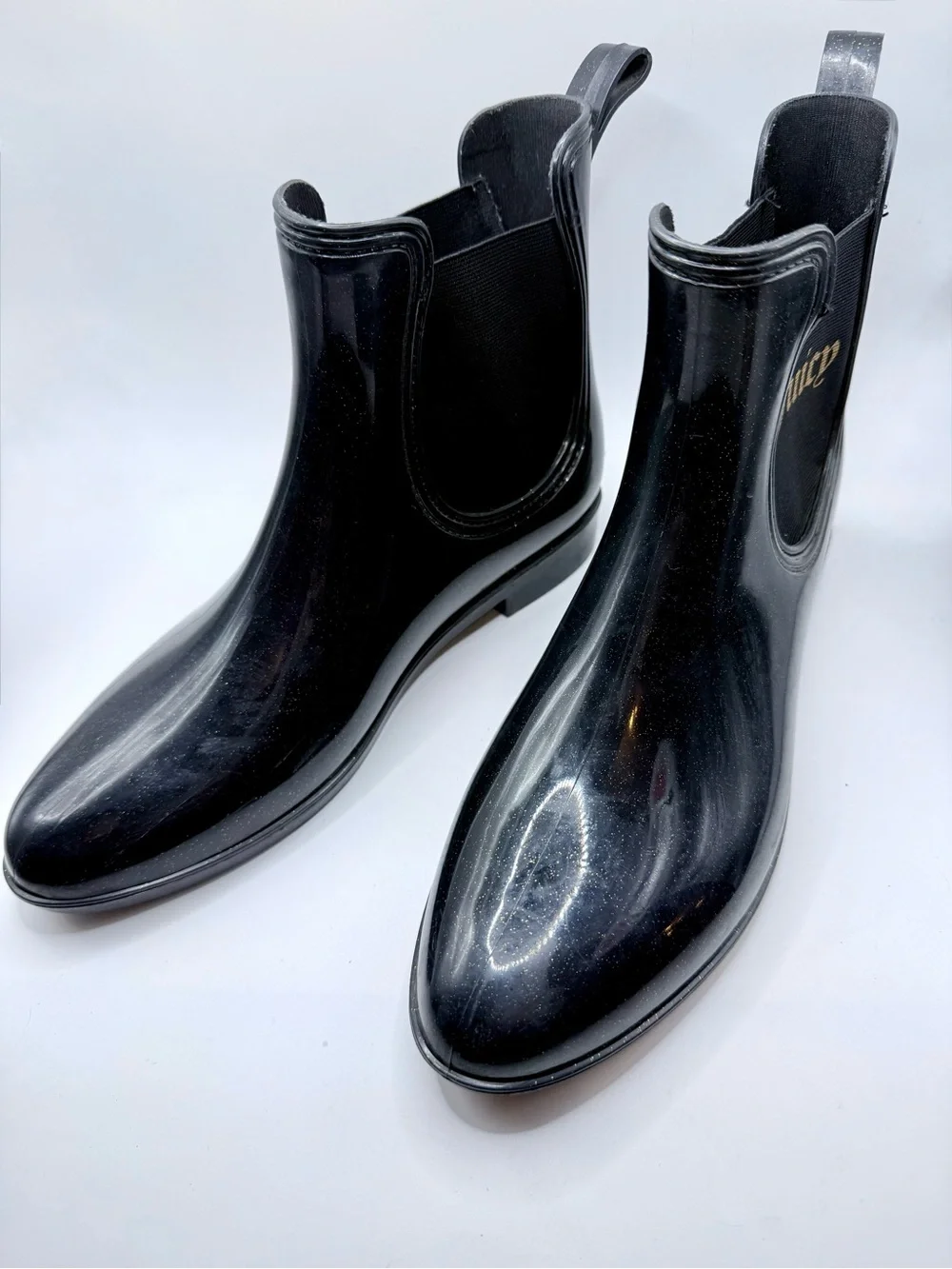 Juicy Couture Rori Rain Boots Ankle Black Gold Sparkle Size 10 Waterproof EUC